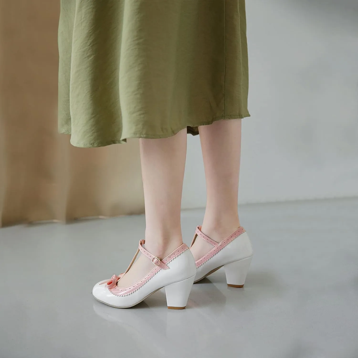 Womens Rockabilly Shoes T-Strap Mary Jane Block High Heel Closed Toe Pumps