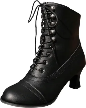 Womens Short Ankle Boots Lace Up for Women Side Zipper Victorian Booties Closed Toe Block Chunky Mid Heel Shoes