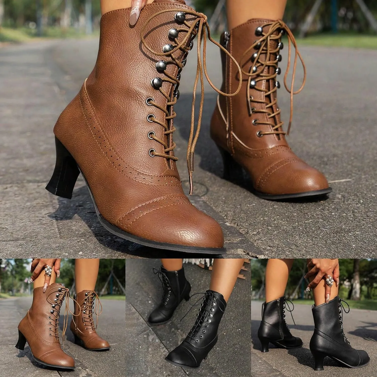 Womens Short Ankle Boots Lace Up for Women Side Zipper Victorian Booties Closed Toe Block Chunky Mid Heel Shoes
