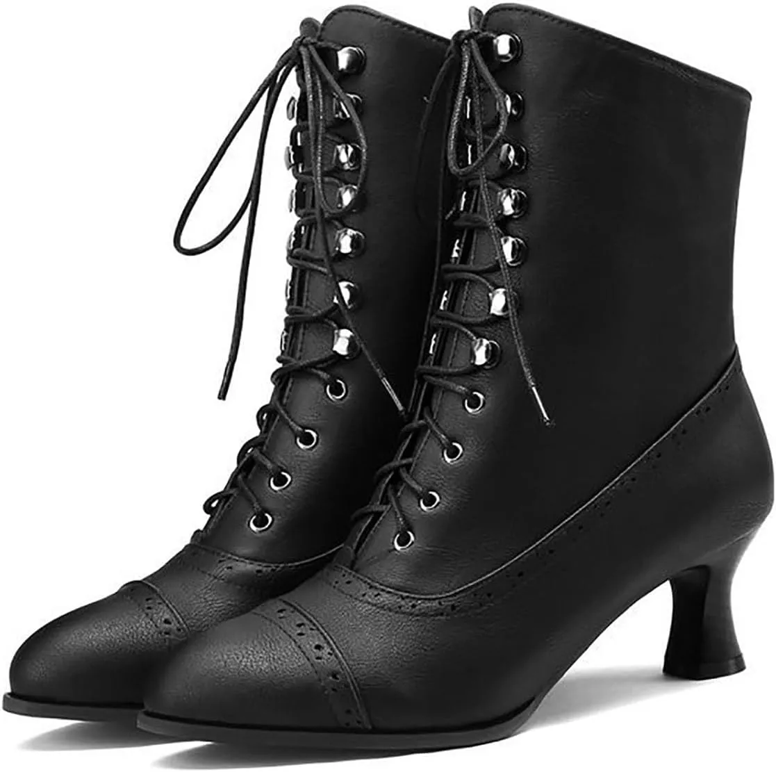 Womens Short Ankle Boots Lace Up for Women Side Zipper Victorian Booties Closed Toe Block Chunky Mid Heel Shoes