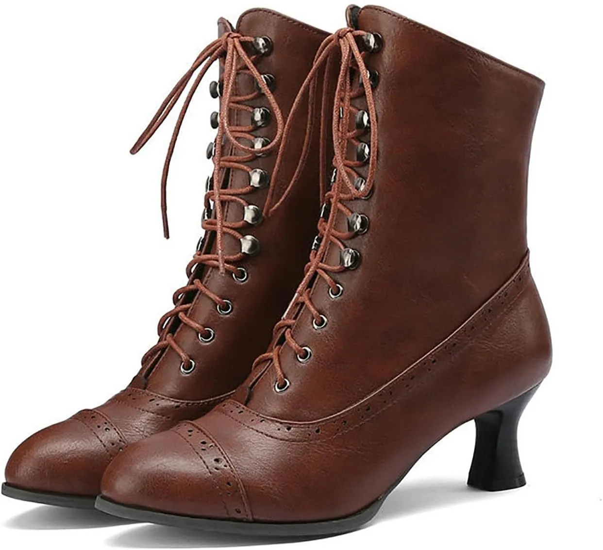 Womens Short Ankle Boots Lace Up for Women Side Zipper Victorian Booties Closed Toe Block Chunky Mid Heel Shoes