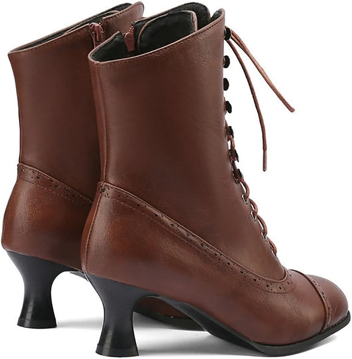 Womens Short Ankle Boots Lace Up for Women Side Zipper Victorian Booties Closed Toe Block Chunky Mid Heel Shoes