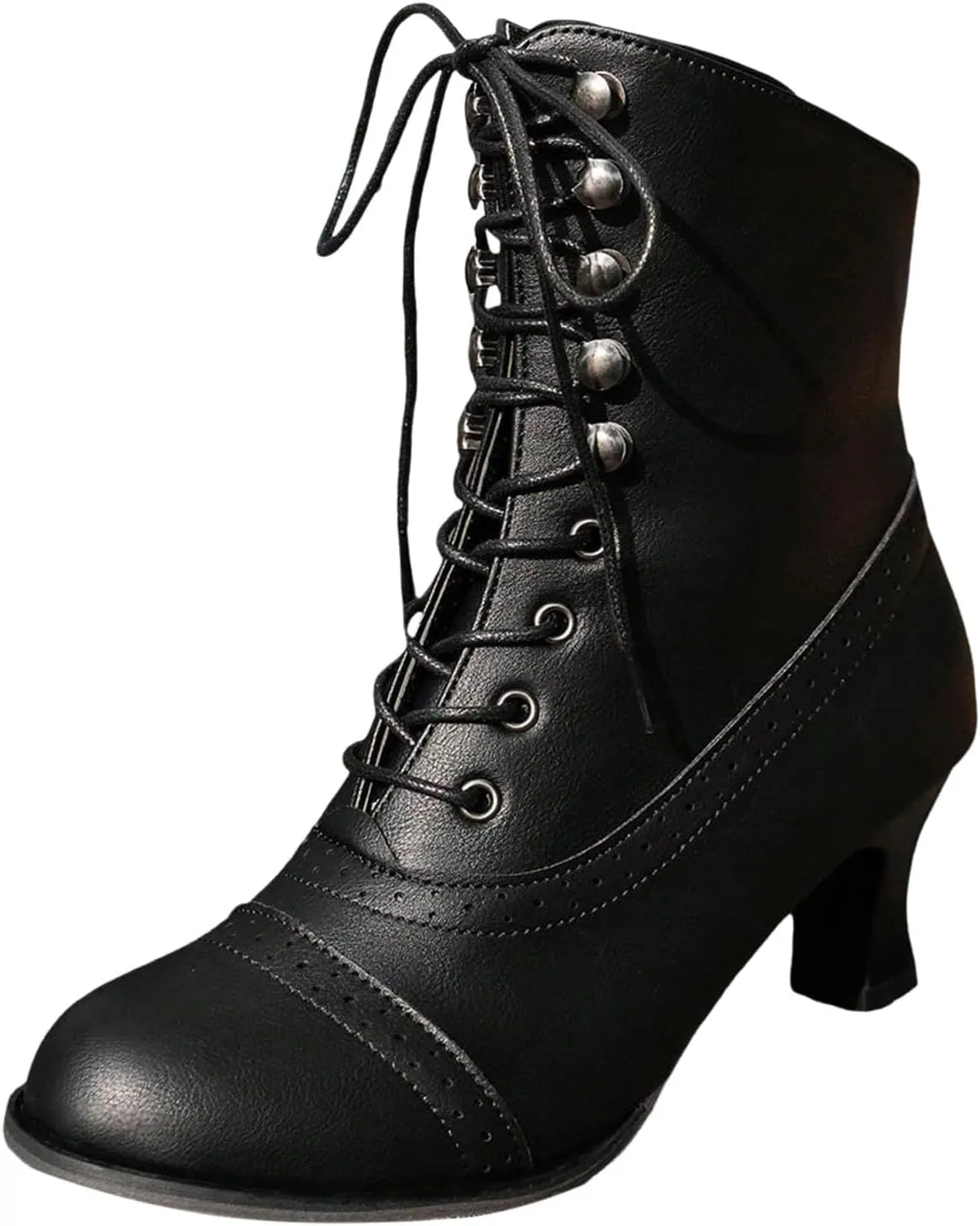 Womens Short Ankle Boots Lace Up for Women Side Zipper Victorian Booties Closed Toe Block Chunky Mid Heel Shoes