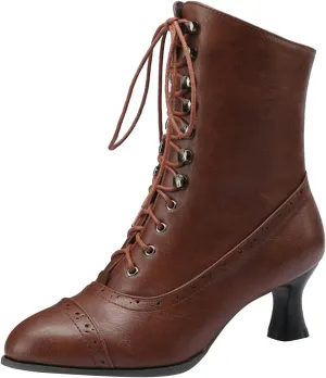 Womens Short Ankle Boots Lace Up for Women Side Zipper Victorian Booties Closed Toe Block Chunky Mid Heel Shoes