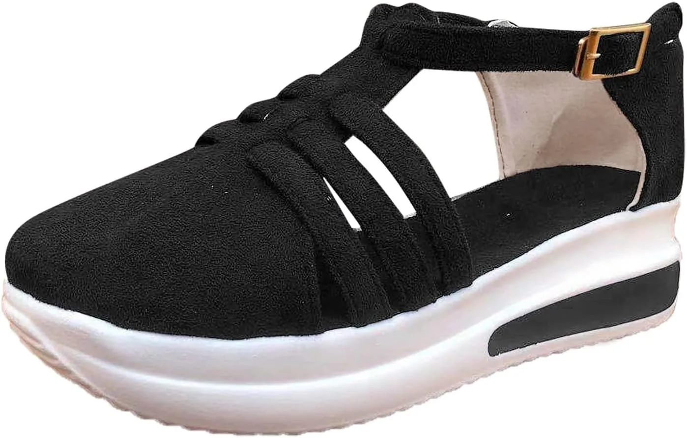 Women's Slip-on Platform Sandals Dressy Summer Closed Toe Sandals Ankle Strap Walking Shoes Canvas Orthopedic Sandals