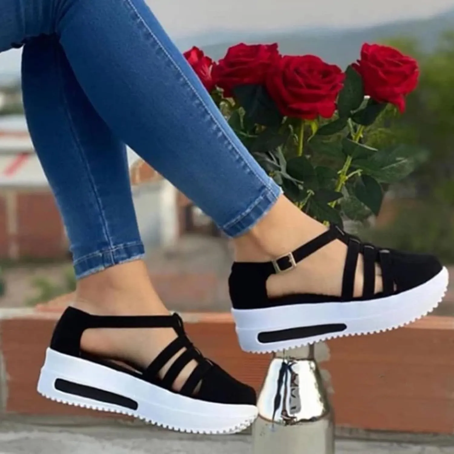Women's Slip-on Platform Sandals Dressy Summer Closed Toe Sandals Ankle Strap Walking Shoes Canvas Orthopedic Sandals