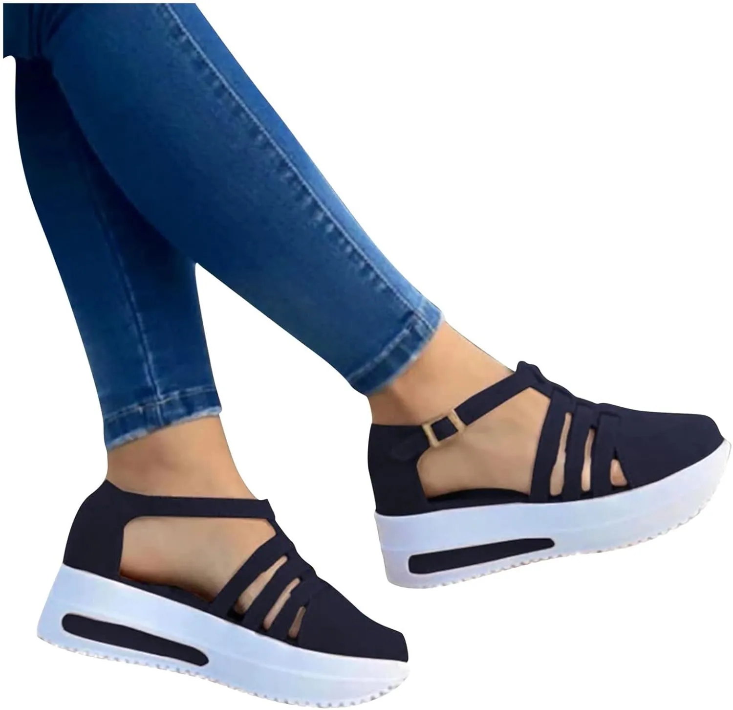 Women's Slip-on Platform Sandals Dressy Summer Closed Toe Sandals Ankle Strap Walking Shoes Canvas Orthopedic Sandals
