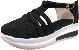 Women's Slip-on Platform Sandals Dressy Summer Closed Toe Sandals Ankle Strap Walking Shoes Canvas Orthopedic Sandals