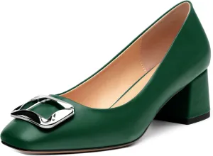 Women's Slip On Square Closed Toe Metal Buckle Matte Chunky Low Heel Pumps Comfortable Office Dress Shoes 2 Inch