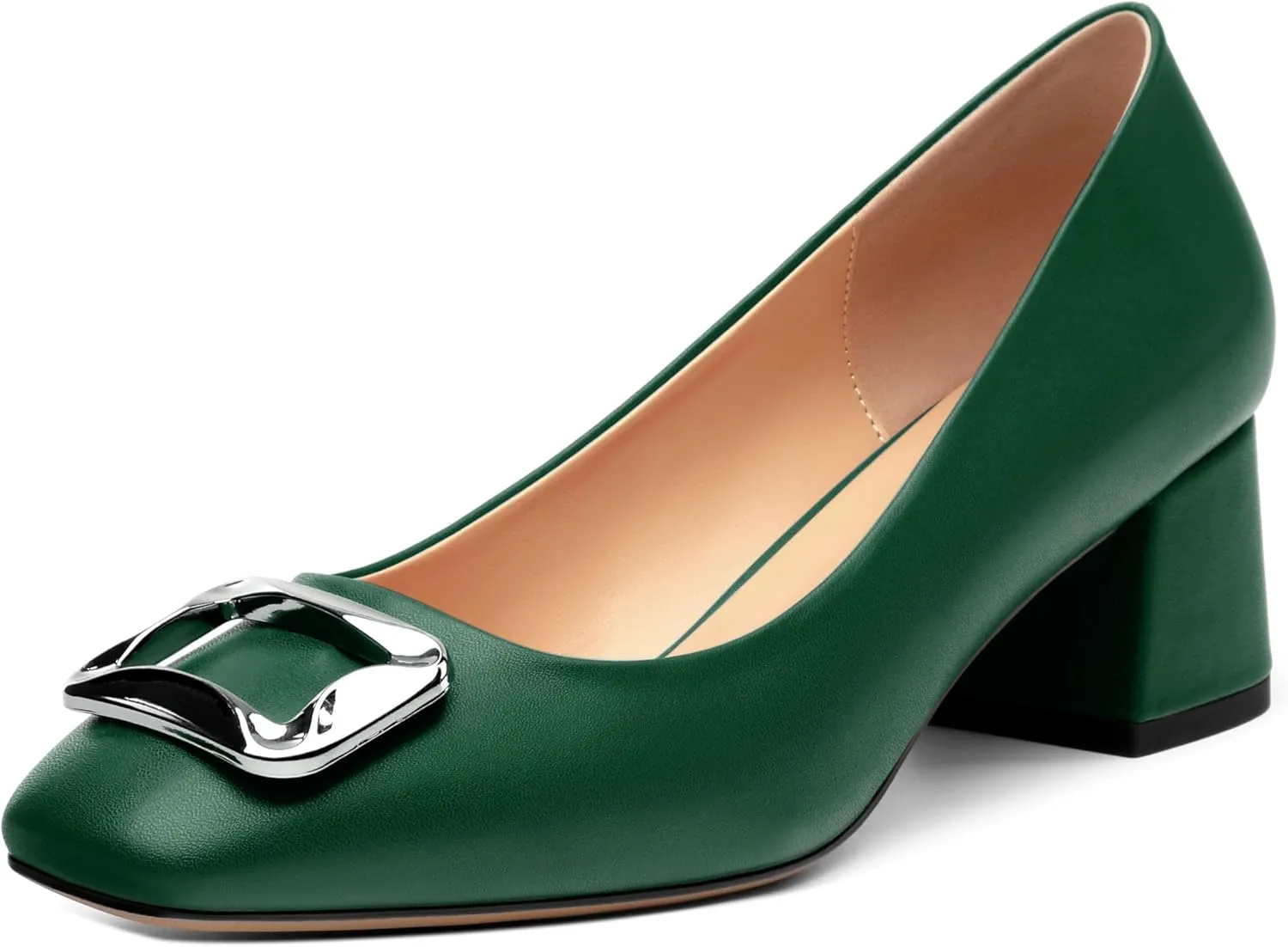 Women's Slip On Square Closed Toe Metal Buckle Matte Chunky Low Heel Pumps Comfortable Office Dress Shoes 2 Inch