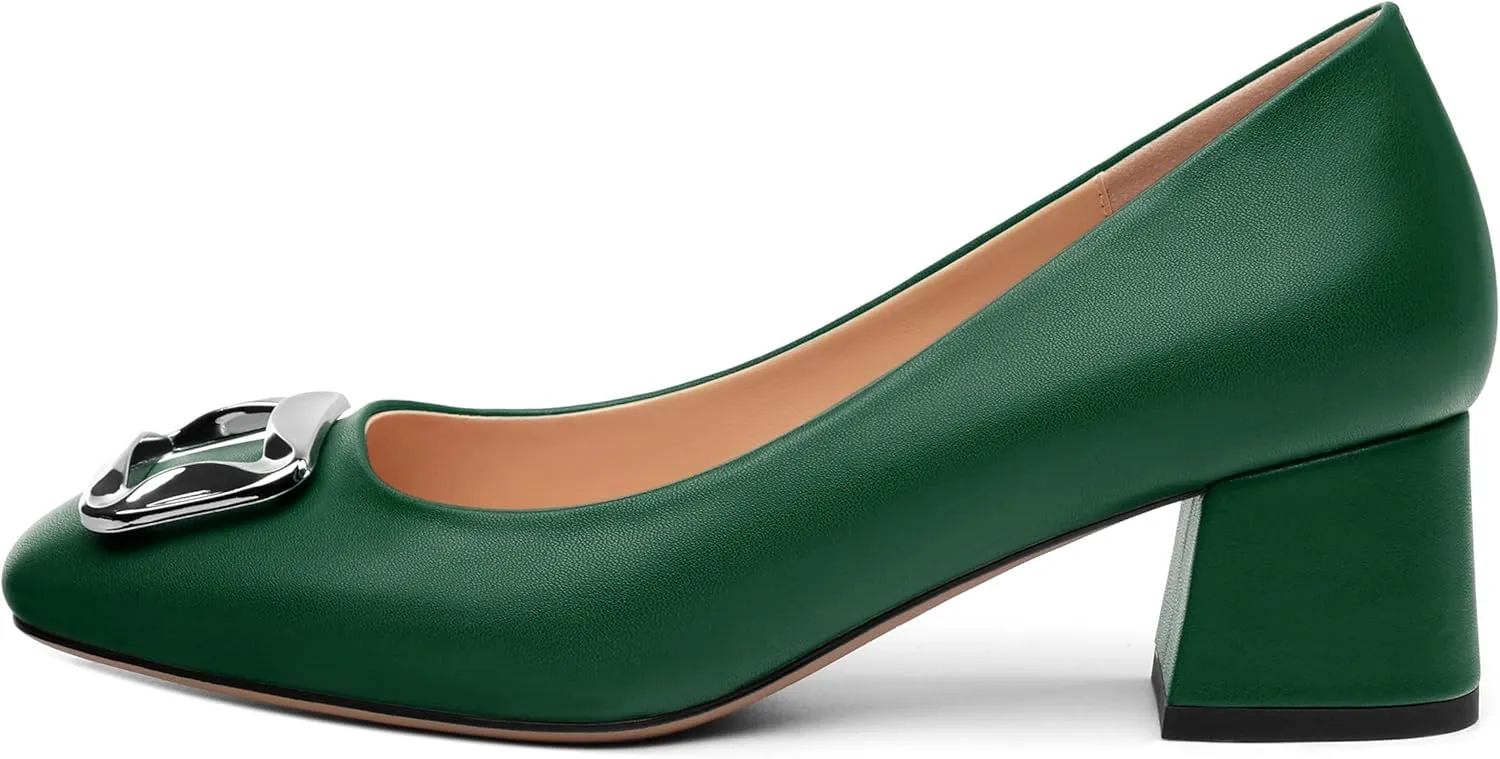 Women's Slip On Square Closed Toe Metal Buckle Matte Chunky Low Heel Pumps Comfortable Office Dress Shoes 2 Inch
