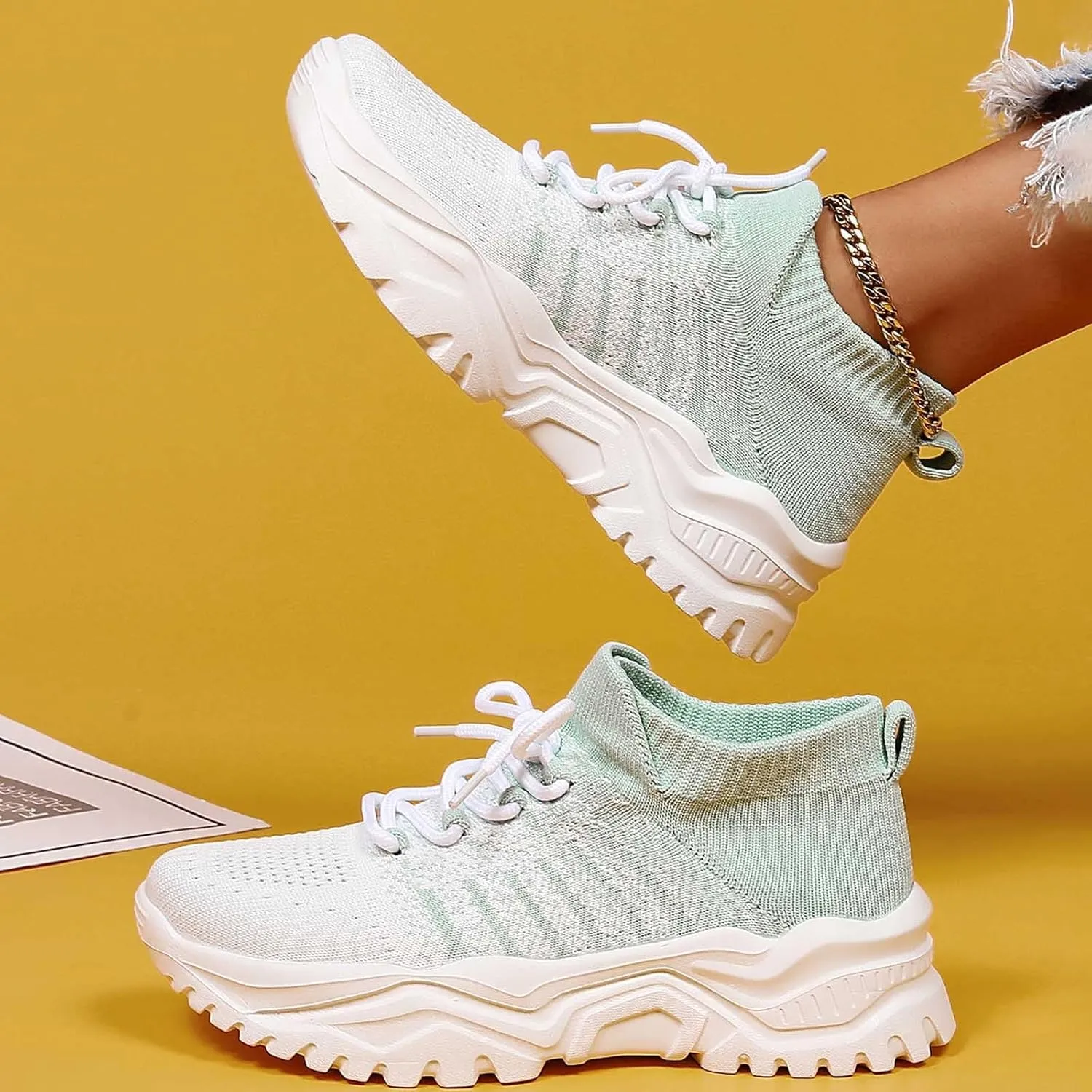 Women's Solid Color Fashion Four Season Lace Up Sneakers Solid Color Flying Woven Running Shoes Womens Rave Shoes