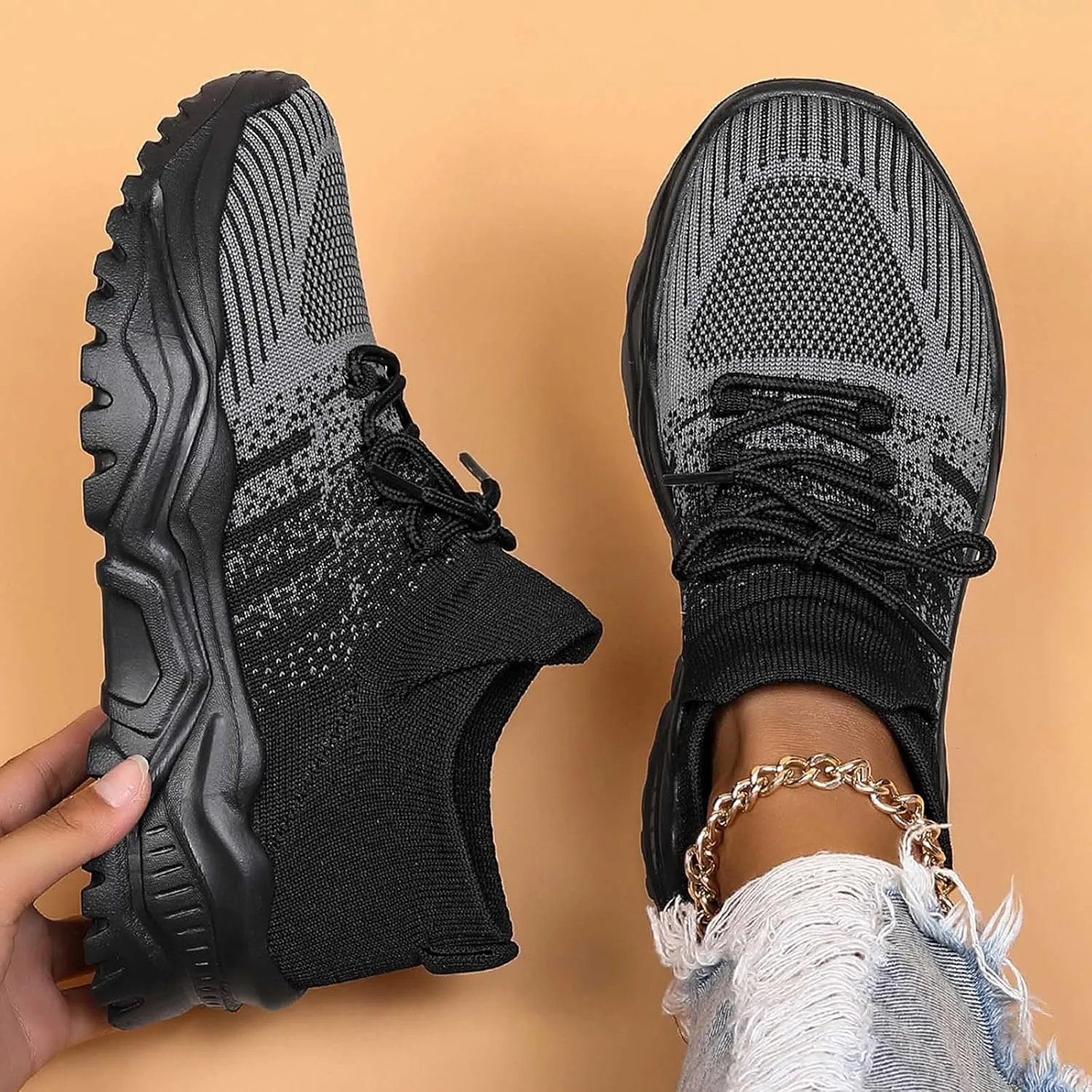 Women's Solid Color Fashion Four Season Lace Up Sneakers Solid Color Flying Woven Running Shoes Womens Rave Shoes
