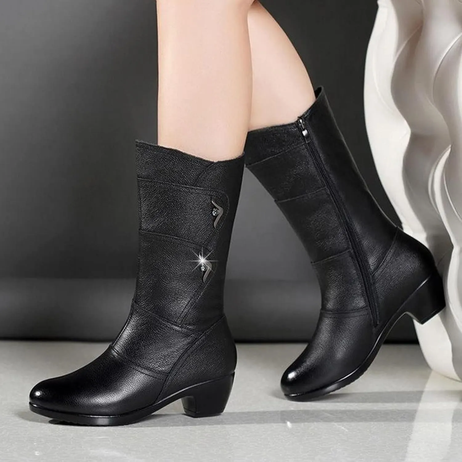 Women's Stretch Leather Mid Calf Boots Solid Color Casual Round Toe Block Low Heel Winter Warm Side Zipper Fashion Cowgirl Ankle Black Boots