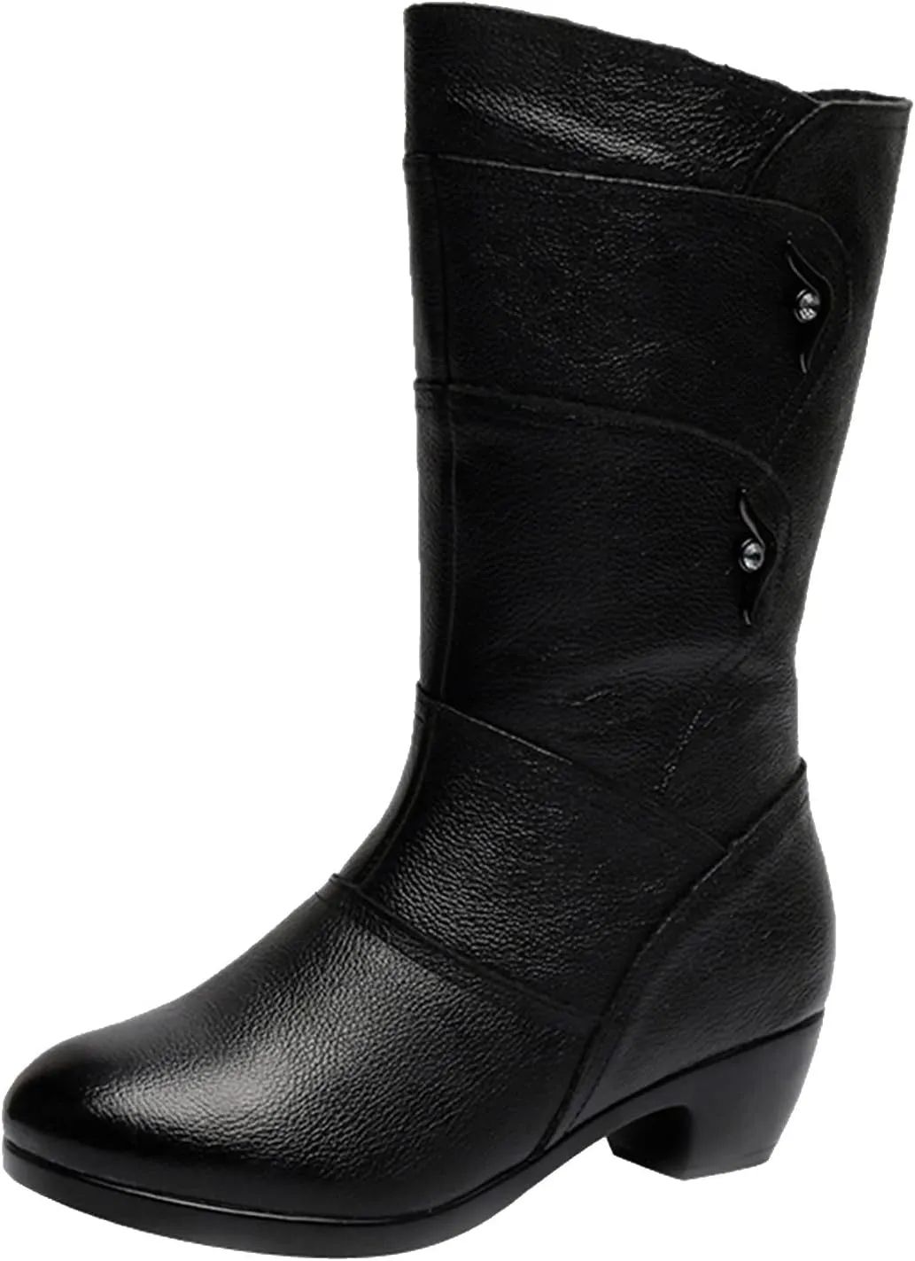 Women's Stretch Leather Mid Calf Boots Solid Color Casual Round Toe Block Low Heel Winter Warm Side Zipper Fashion Cowgirl Ankle Black Boots