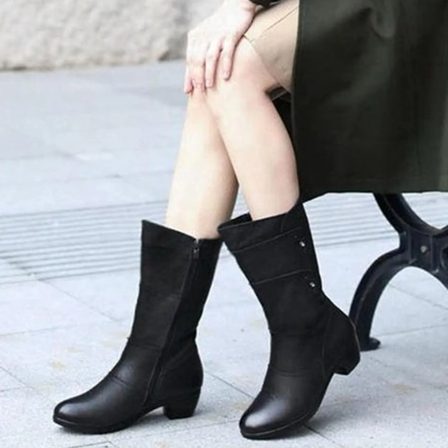 Women's Stretch Leather Mid Calf Boots Solid Color Casual Round Toe Block Low Heel Winter Warm Side Zipper Fashion Cowgirl Ankle Black Boots
