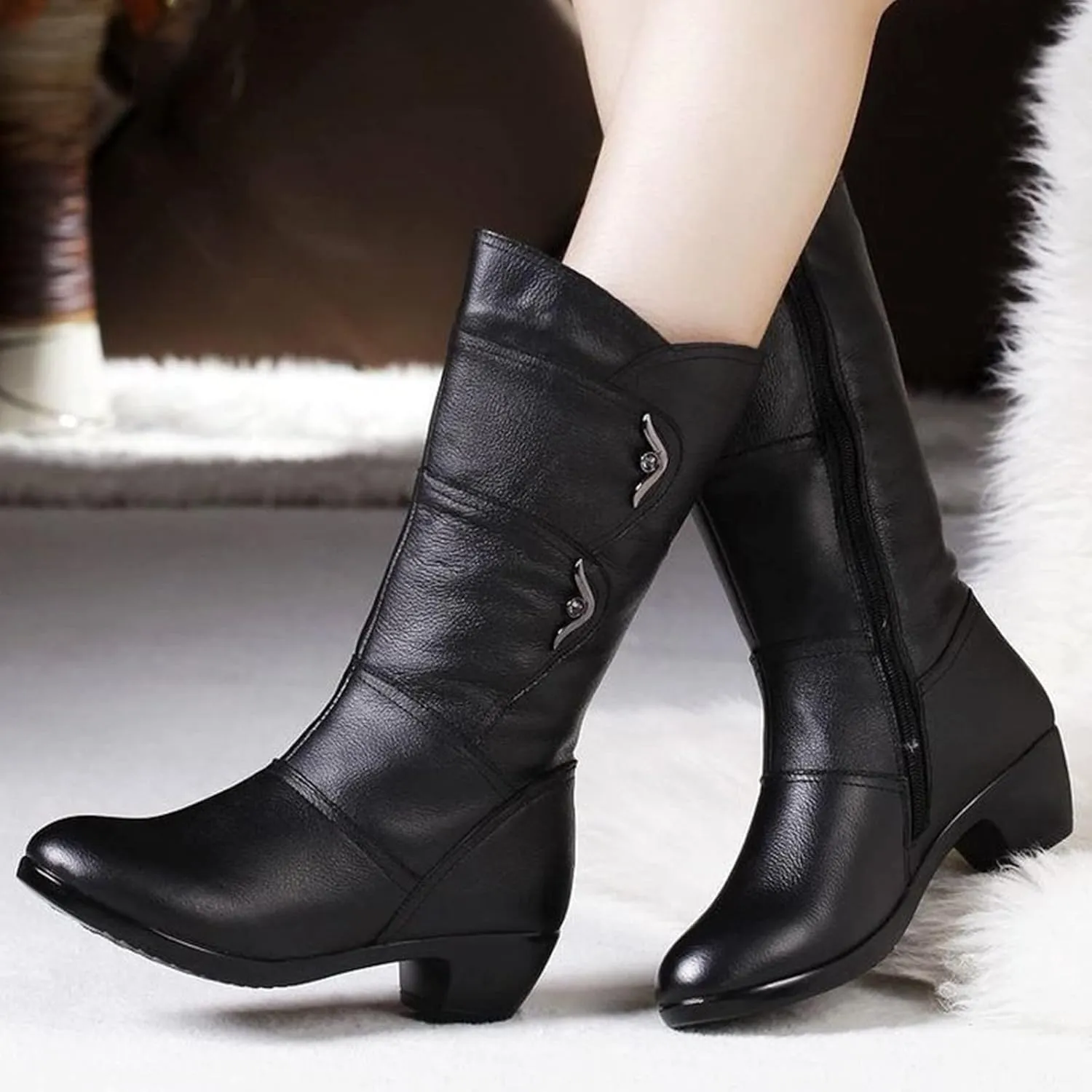 Women's Stretch Leather Mid Calf Boots Solid Color Casual Round Toe Block Low Heel Winter Warm Side Zipper Fashion Cowgirl Ankle Black Boots