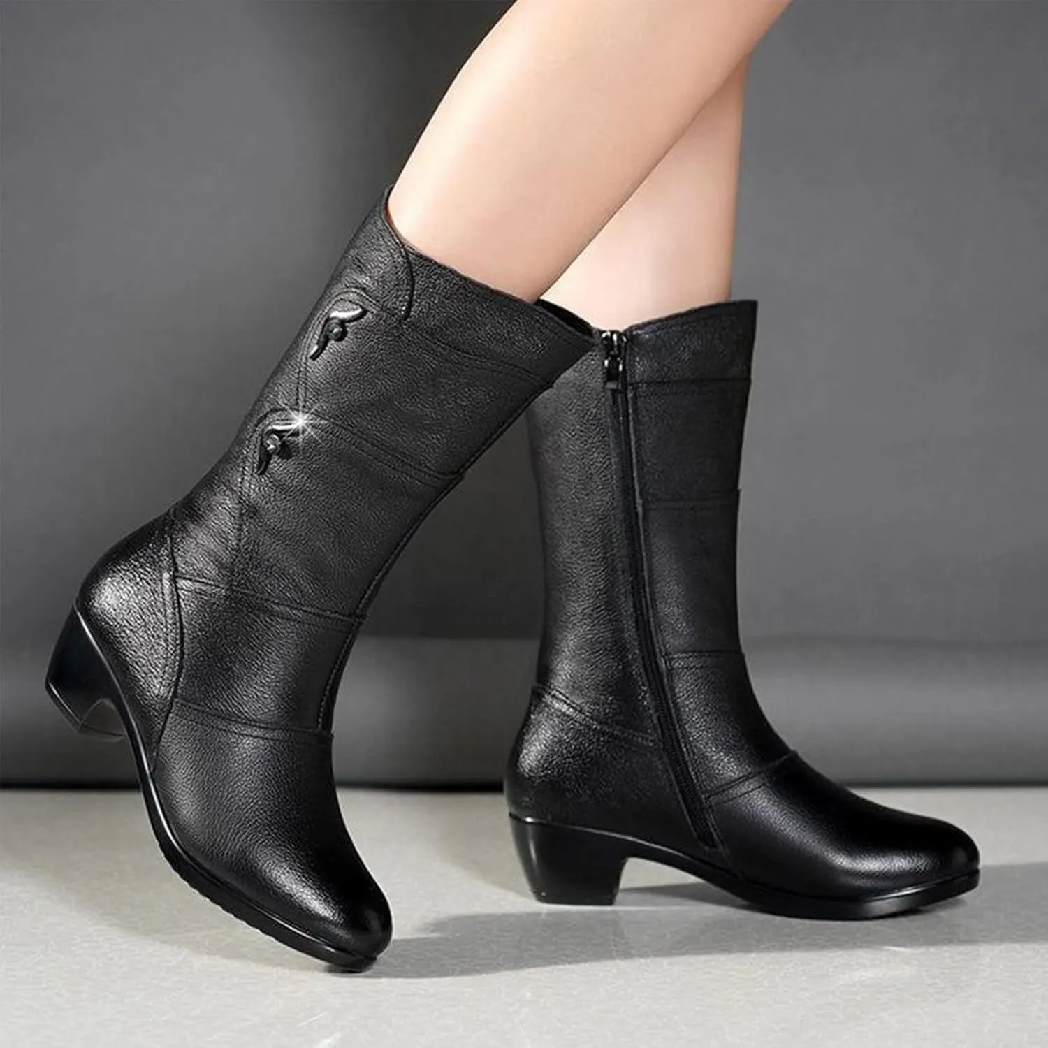 Women's Stretch Leather Mid Calf Boots Solid Color Casual Round Toe Block Low Heel Winter Warm Side Zipper Fashion Cowgirl Ankle Black Boots