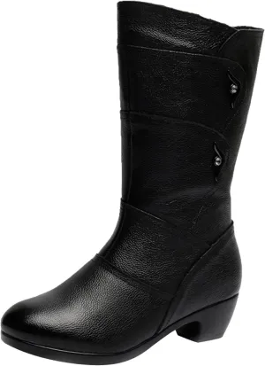 Women's Stretch Leather Mid Calf Boots Solid Color Casual Round Toe Block Low Heel Winter Warm Side Zipper Fashion Cowgirl Ankle Black Boots