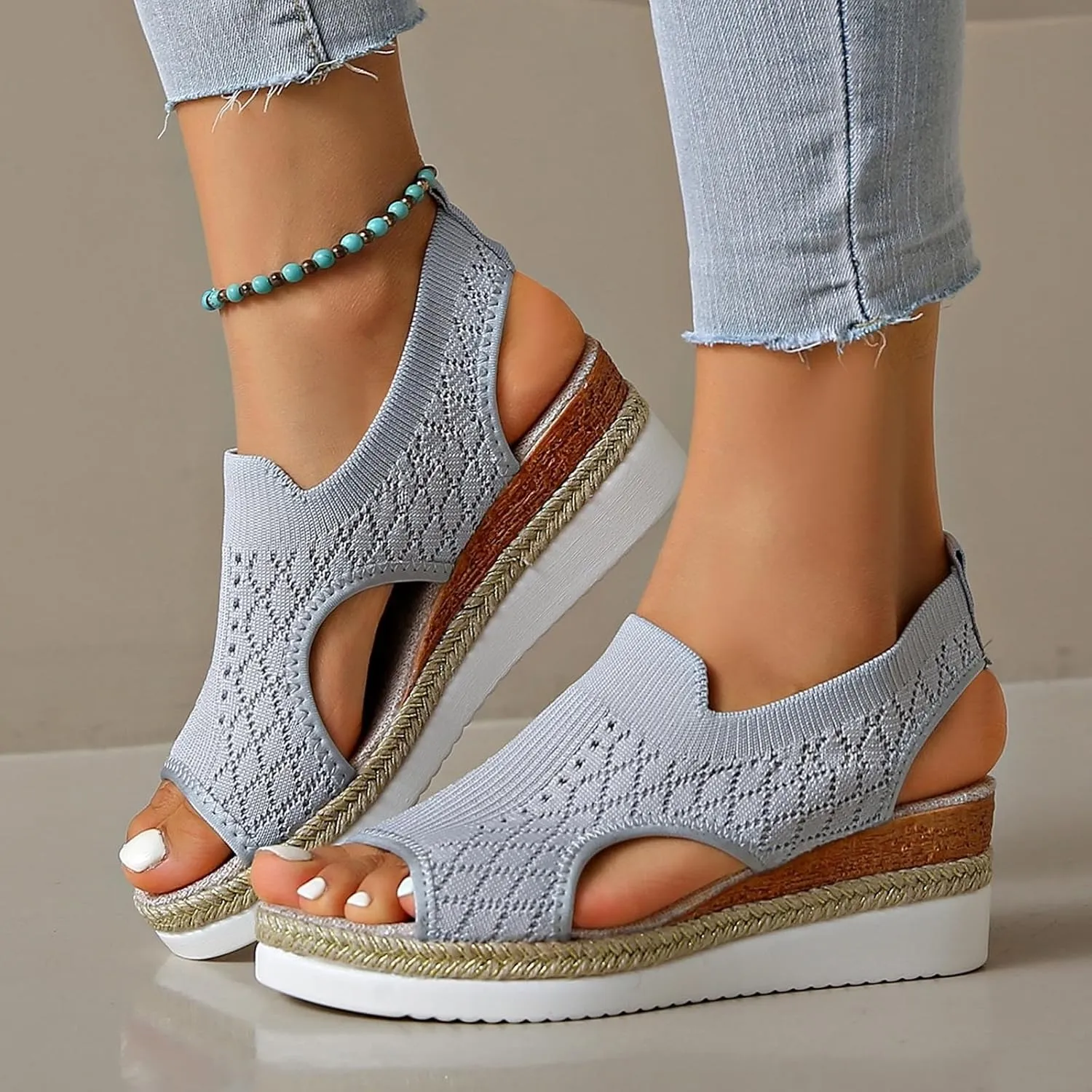 Women's Summer Fashion Fish Mouth Cloth Elastic Sandals A Slip On Platform Wedge Wedges Women Sandals