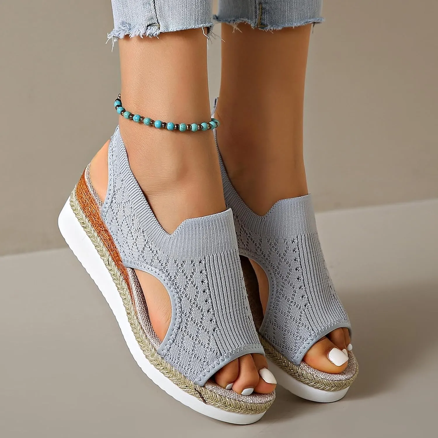 Women's Summer Fashion Fish Mouth Cloth Elastic Sandals A Slip On Platform Wedge Wedges Women Sandals