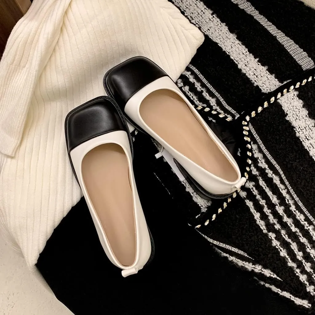 Women's Two Tone Flats Slip On Loafers Vintage Square Toe Leather Low Heel Girls Dress Oxford Shoes