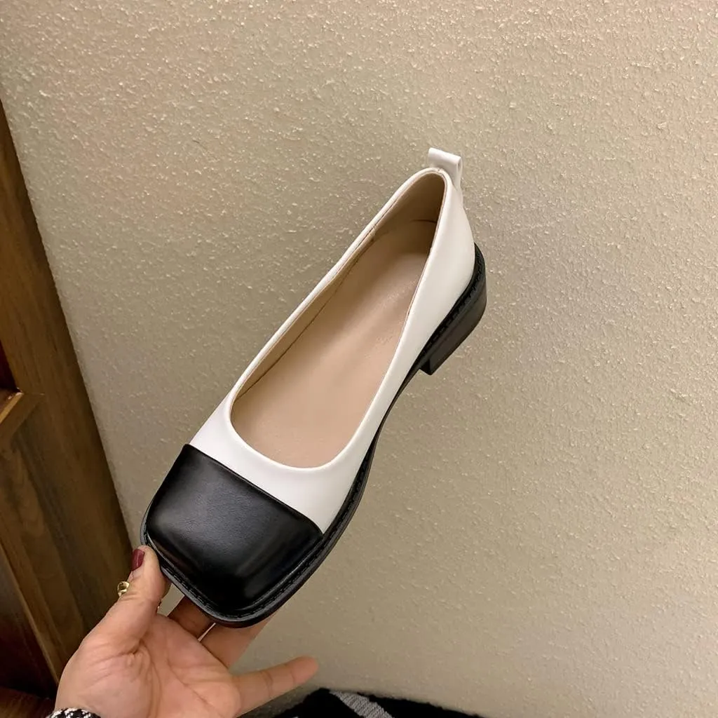 Women's Two Tone Flats Slip On Loafers Vintage Square Toe Leather Low Heel Girls Dress Oxford Shoes