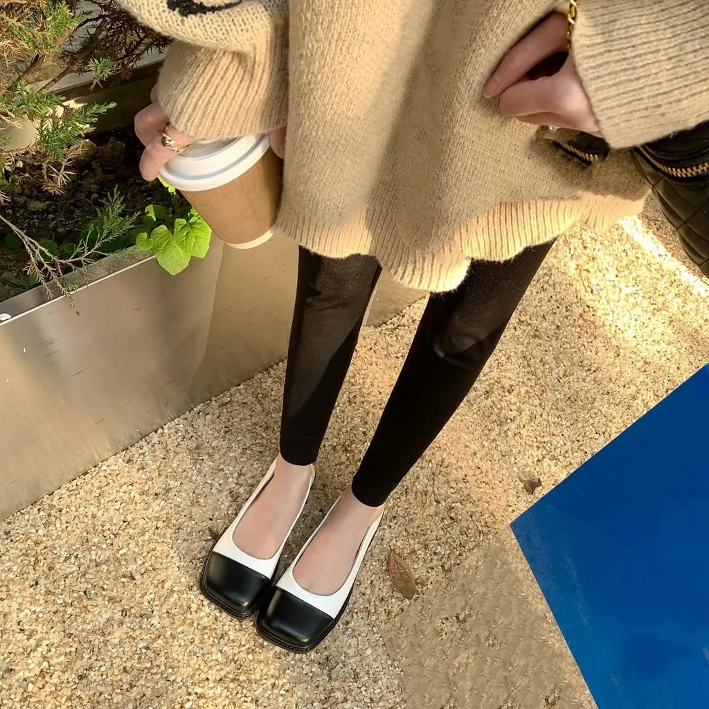 Women's Two Tone Flats Slip On Loafers Vintage Square Toe Leather Low Heel Girls Dress Oxford Shoes