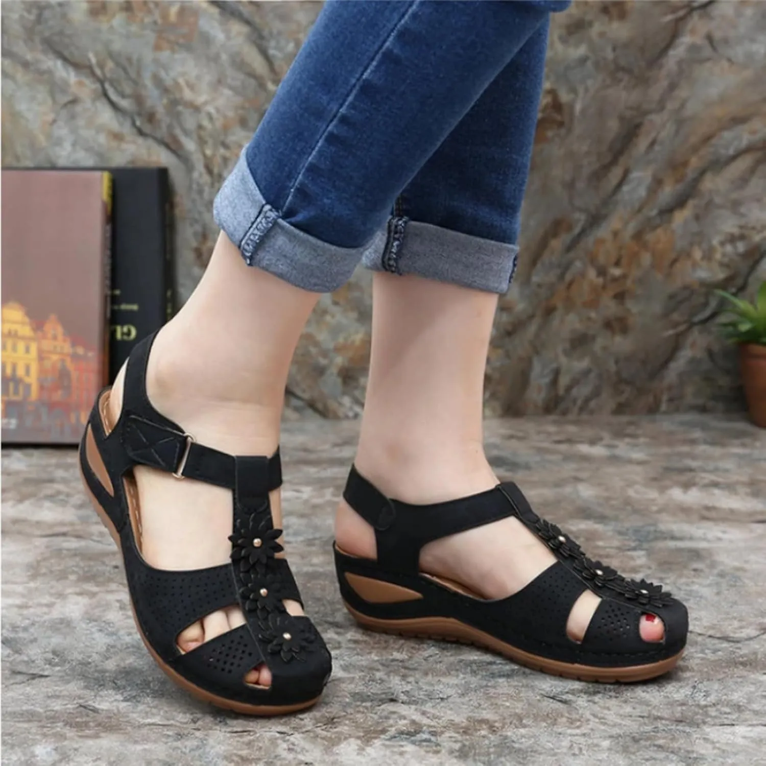 Womens Wedge Sandals Summer Closed Toe for Women Dressy Wedges Casual Hollow Out Orthopedic Shoes Comfy Bohemia Gladiator Ankle Strap Slip On Platform Sandals Comfort Orthotic Breathable Sandal