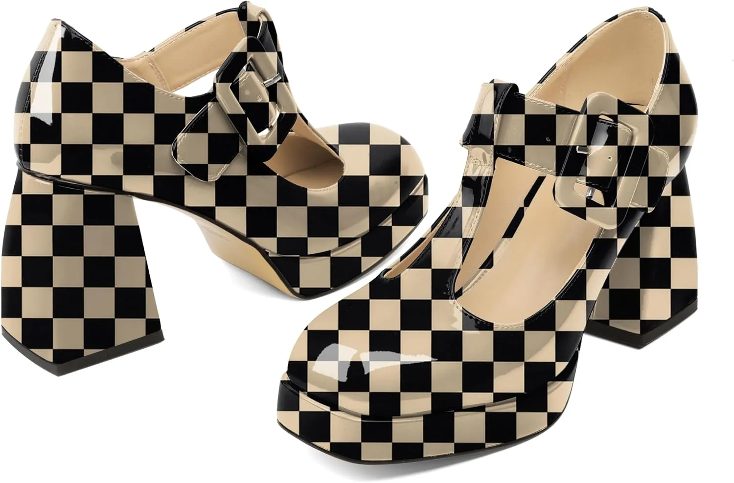 YODEKS Women's High Heels Square Toe Mary Jane Pumps Chunky Heel Platform Dress Shoes