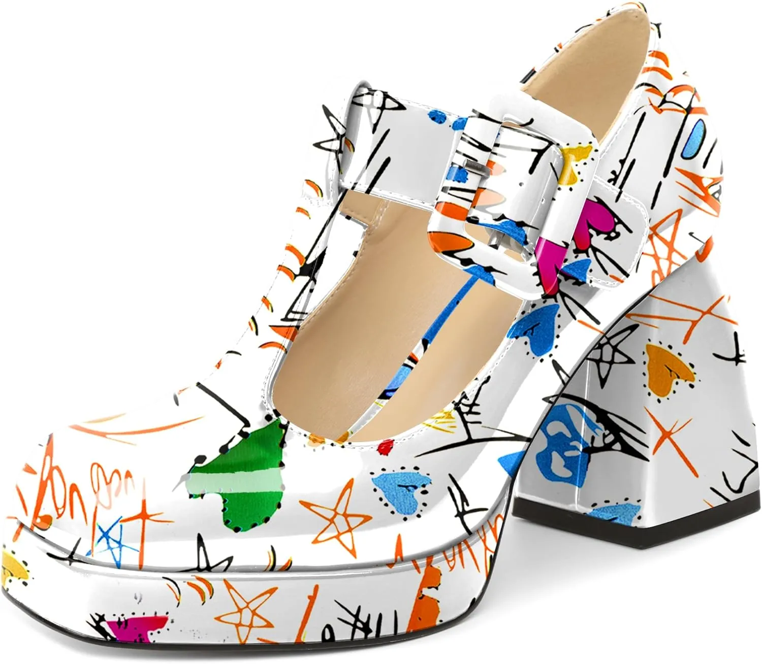 YODEKS Women's High Heels Square Toe Mary Jane Pumps Chunky Heel Platform Dress Shoes