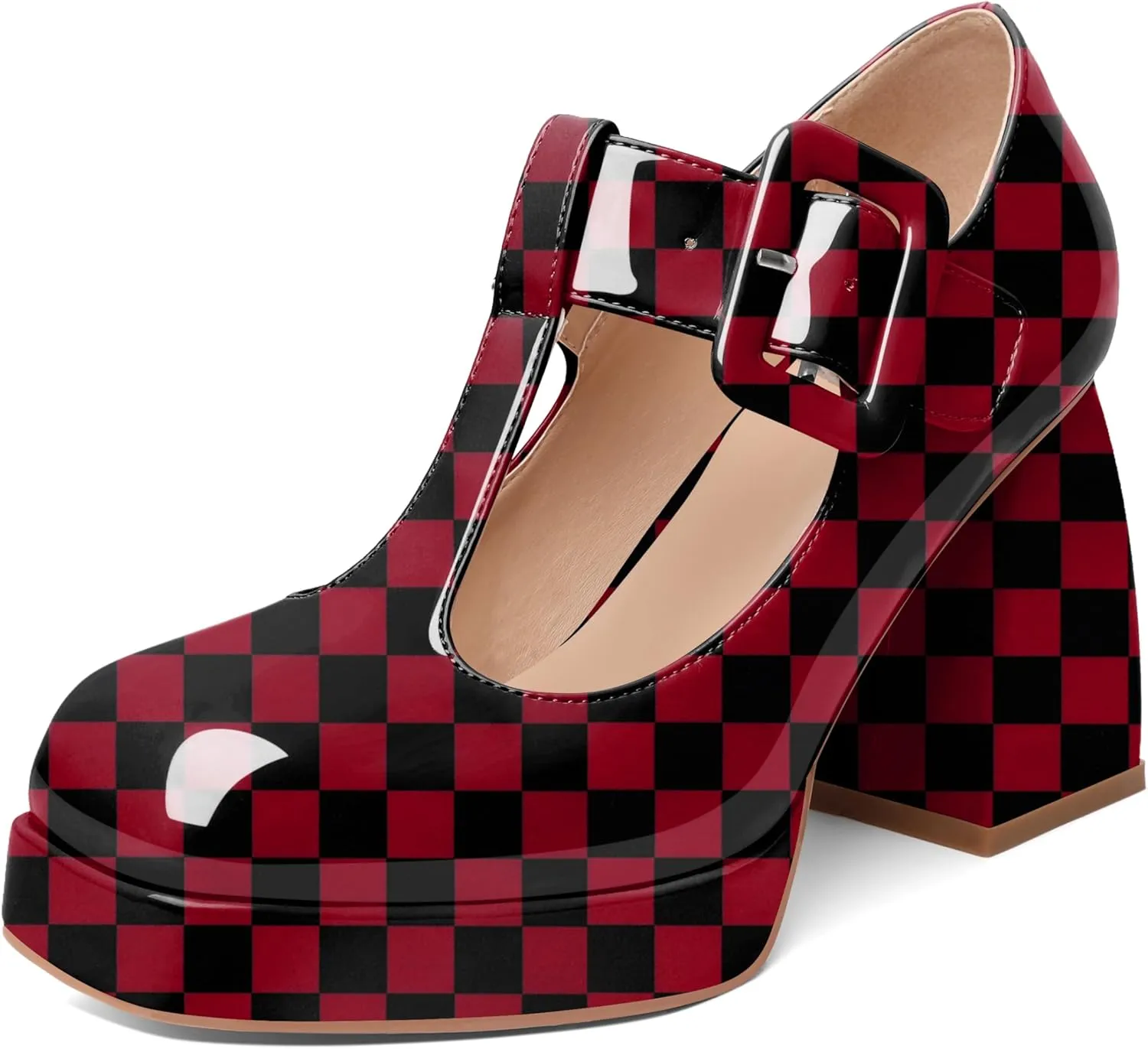 YODEKS Women's High Heels Square Toe Mary Jane Pumps Chunky Heel Platform Dress Shoes