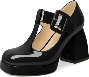 YODEKS Women's High Heels Square Toe Mary Jane Pumps Chunky Heel Platform Dress Shoes