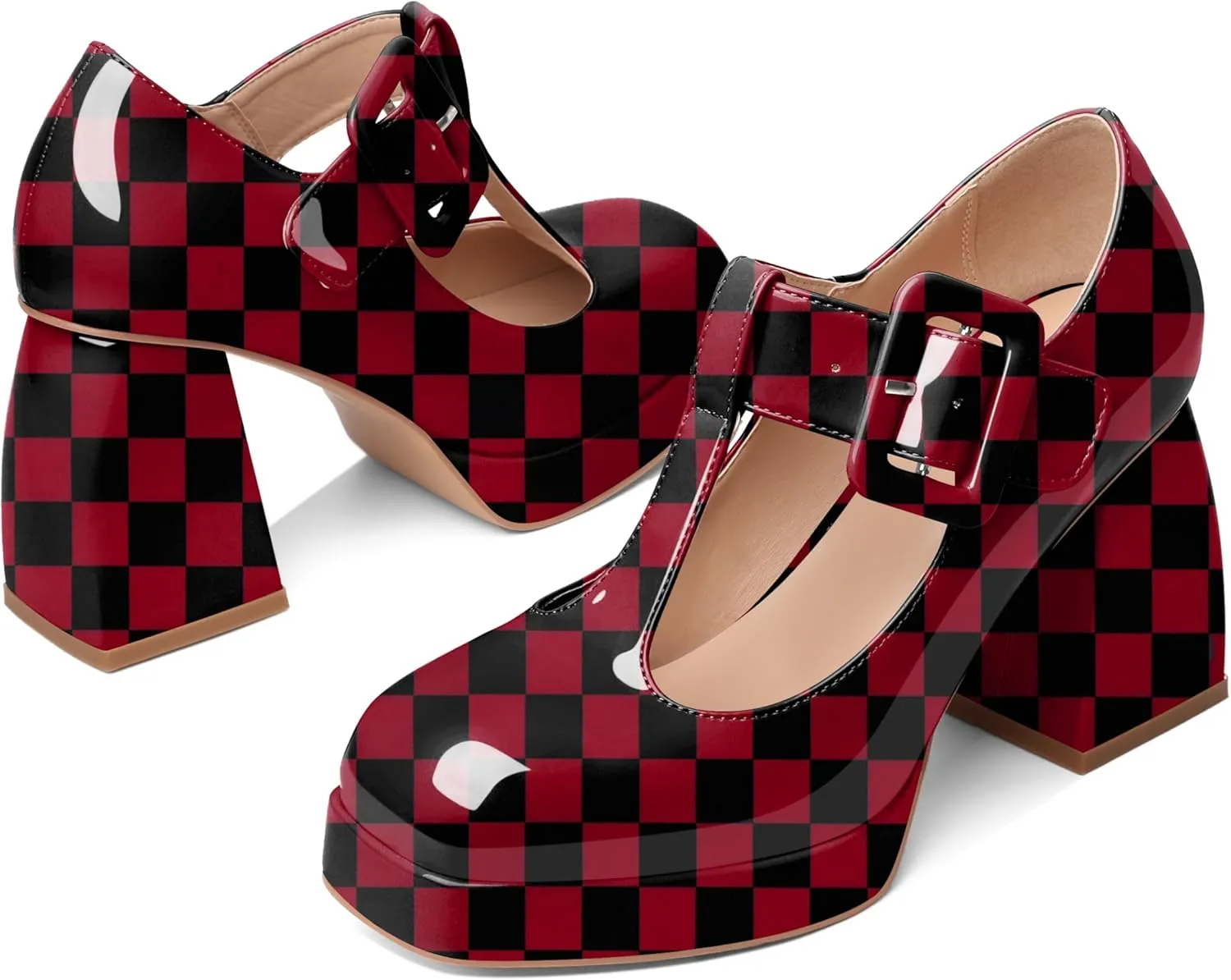 YODEKS Women's High Heels Square Toe Mary Jane Pumps Chunky Heel Platform Dress Shoes