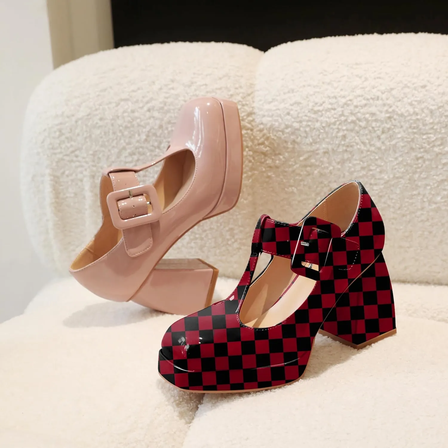 YODEKS Women's High Heels Square Toe Mary Jane Pumps Chunky Heel Platform Dress Shoes