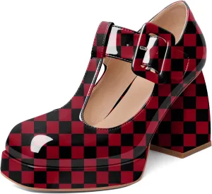 YODEKS Women's High Heels Square Toe Mary Jane Pumps Chunky Heel Platform Dress Shoes