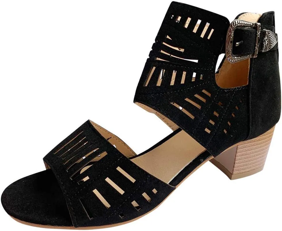 ZBYY Womens Peep Toe Sandals, Open Toe Double Buckle Cutout Stacked Heel Sandal Chunky Block Heel Ankle Strap Sandals