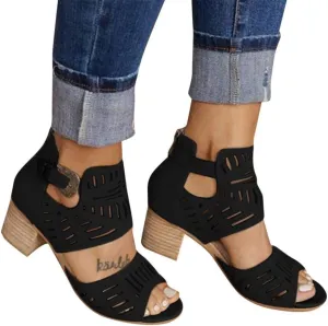 ZBYY Womens Peep Toe Sandals, Open Toe Double Buckle Cutout Stacked Heel Sandal Chunky Block Heel Ankle Strap Sandals