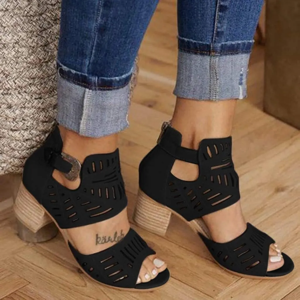 ZBYY Womens Peep Toe Sandals, Open Toe Double Buckle Cutout Stacked Heel Sandal Chunky Block Heel Ankle Strap Sandals