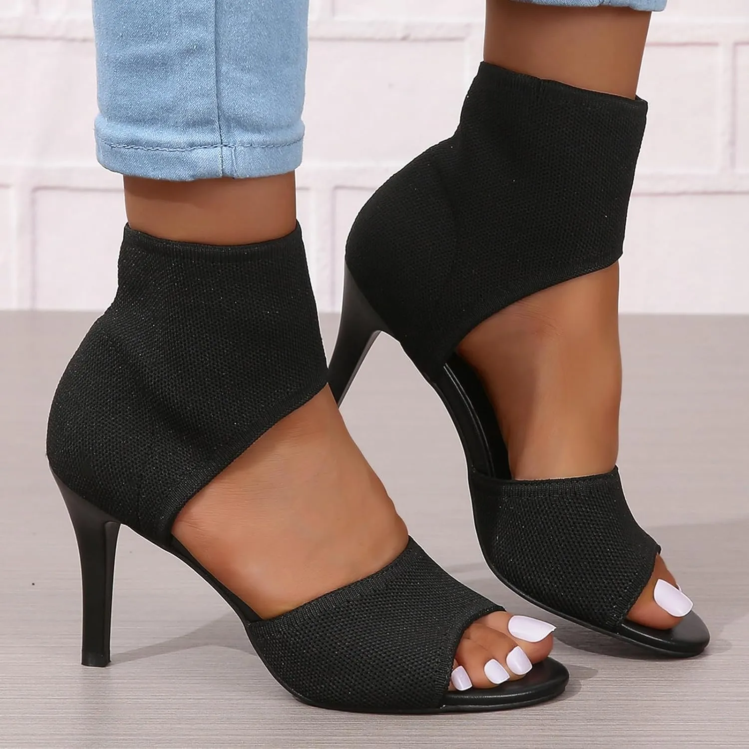 ZBYY Women's Peep Toe Stiletto Heeled Sandals Stretchy Knit Breathable Sexy Open Toe Dressy Wedding High Heels Shoes