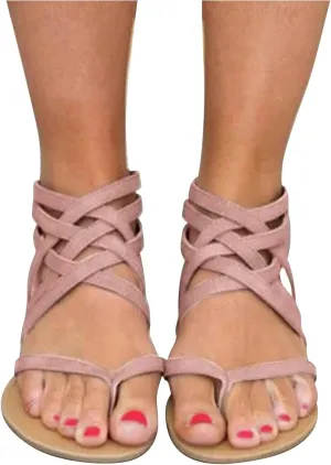 ZBYY Women's Summer Strappy Flat Sandals,Crisscross Gladiator Flat Sandals Casual Summer Thong Strappy Beach Shoes