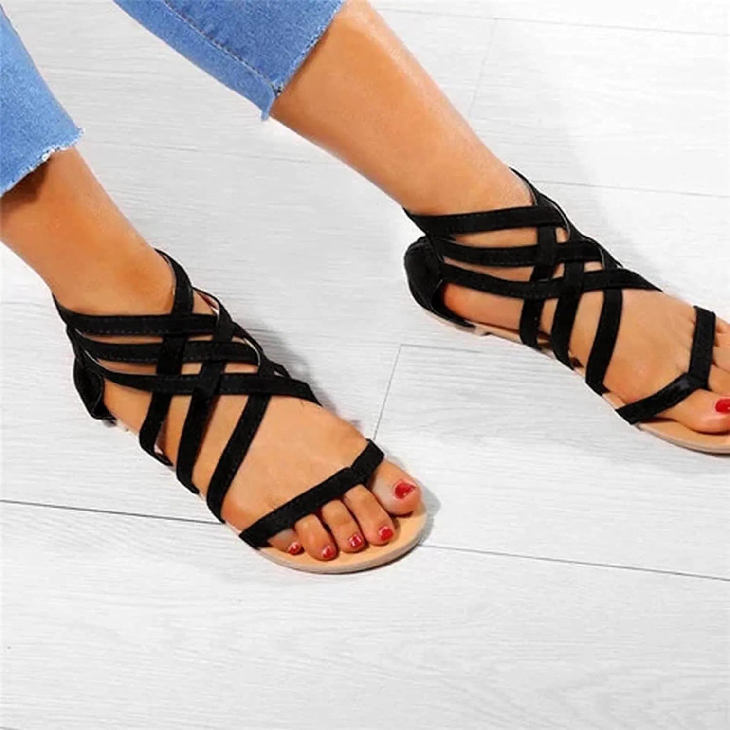 ZBYY Women's Summer Strappy Flat Sandals,Crisscross Gladiator Flat Sandals Casual Summer Thong Strappy Beach Shoes
